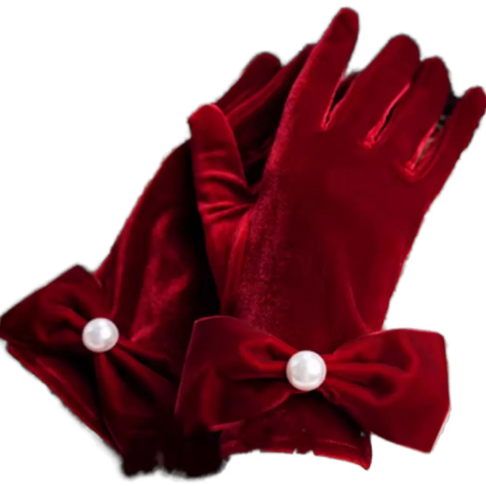 Beloved Millinery Elegant Deep Red Velvet Gloves with Bow and Pearl Detail